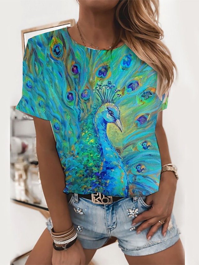  女性用 Tシャツ デザイナー 3Dプリント グラフィック デザイン 動物 半袖 ラウンドネック 日常 プリント 服装 デザイナー ベーシック ブルー