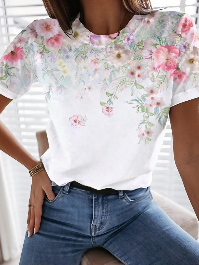  Dame T-shirt Designer 3D-udskrivning Blomstret Grafisk Design Kortærmet Rund hals Daglig Trykt mønster Tøj Tøj Designer Basale Hvid