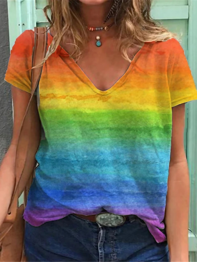  Damen LGBT Stolz T Shirt Regenbogen Design V-Ausschnitt Grundlegend Oberteile Regenbogen / 3D-Druck