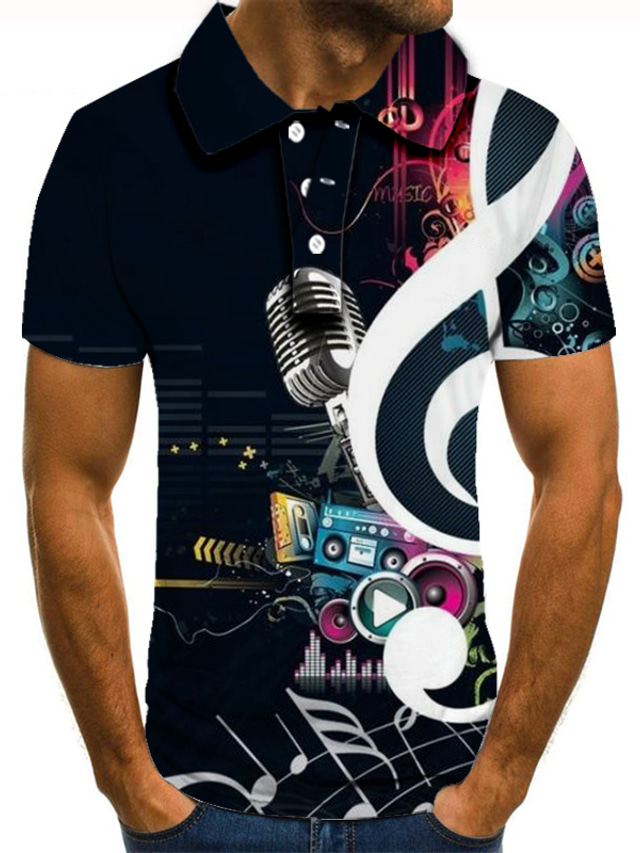  Voor heren POLO Shirt Golfshirt Tennisshirt T-shirt 3D-afdrukken Grafische prints Muziekinstrument Kraag Straat Casual Button-omlaag Korte mouw Tops Casual Modieus Stoer Zwart