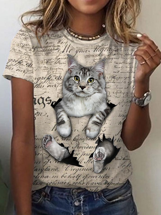  Dam T-shirt Designer 3D-tryck Katt Grafisk 3D Design Kortärmad Rund hals Dagligen Mönster Kläder Kläder Designer Grundläggande Vintage Vit Beige