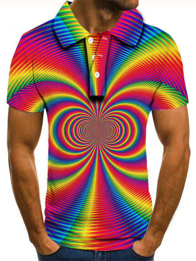  Men's Collar Polo Shirt Golf Shirt Tennis Shirt T shirt Tee 3D Print Rainbow Optical Illusion Collar Street Casual Button-Down Short Sleeve Tops Casual Fashion Cool Rainbow