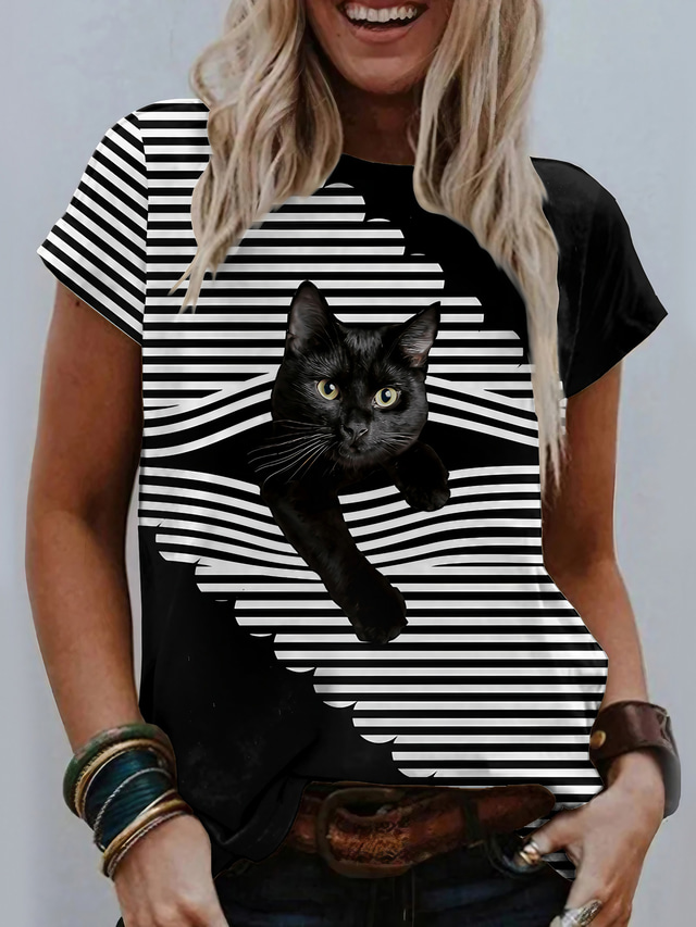  Mujer Camiseta Design Impresión 3D Gato Graphic 3D Diseño Manga Corta Escote Redondo Víspera de Todos los Santos Casual Estampado ropa Design Básico Víspera de Todos los Santos Blanco Negro Gris