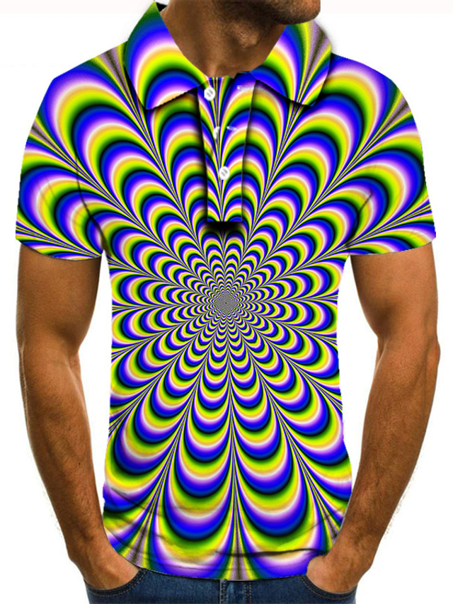  Men's Collar Polo Shirt T shirt Tee Golf Shirt Tennis Shirt Fashion Cool Casual Short Sleeve Blue Optical Illusion Geometry 3D Print Collar Street Casual Button-Down Clothing Clothes Fashion Cool