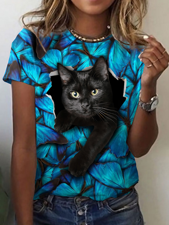  Dame T-shirt Designer 3D-udskrivning Kat Grafisk 3D Design Kortærmet Rund hals Daglig Trykt mønster Tøj Tøj Designer Basale Blå