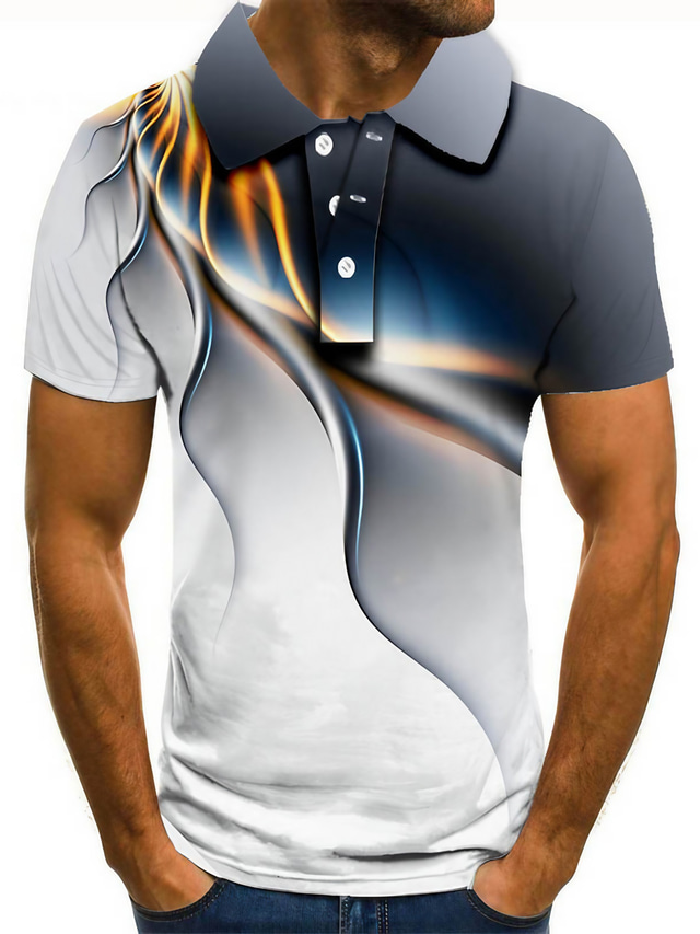  Men's Collar Polo Shirt T shirt Tee Golf Shirt Tennis Shirt 3D Print 3D Graphic Prints Linear Collar Home Birthday Button-Down Short Sleeve Tops Polyester Casual Fashion Cool Premium Green White Gray