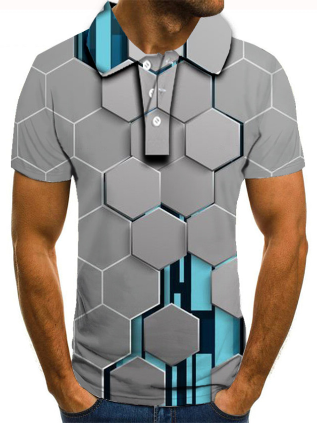  男性用 ポロシャツ ゴルフシャツ テニスシャツ Tシャツ 3Dプリント ジオメトリ カラー ストリート カジュアル ボタンダウン 半袖 トップの カジュアル ファッション クール グレー