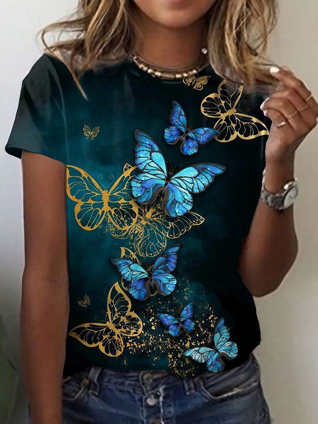  女性用 Tシャツ デザイナー 3Dプリント グラフィック バタフライ デザイン 半袖 ラウンドネック 日常 プリント 服装 デザイナー ベーシック ヴィンテージ ブラック