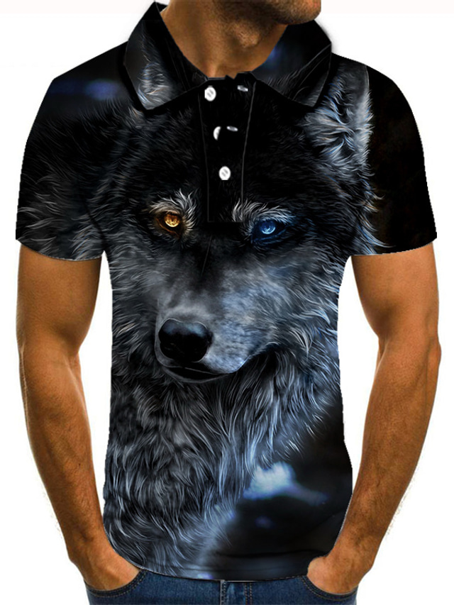  Voor heren POLO Shirt Golfshirt Tennisshirt T-shirt 3D-afdrukken Wolf dier Kraag Straat Casual Button-omlaag Korte mouw Tops Casual Modieus Stoer Zwart