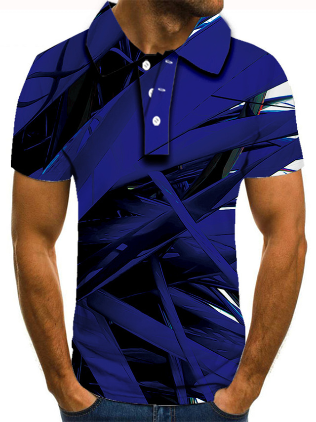  Voor heren POLO Shirt Golfshirt Tennisshirt T-shirt 3D-afdrukken Geometrisch Grafische prints Kraag Straat Casual Button-omlaag Korte mouw Tops Casual Modieus Stoer blauw