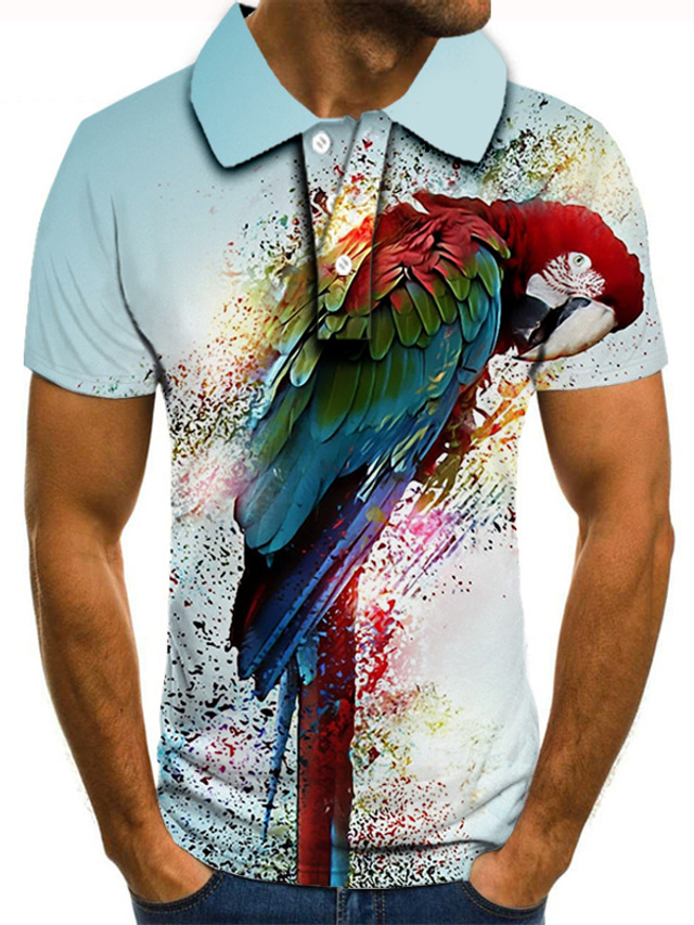  Herre POLO T-skjorte Golf skjorte Tennis skjorte T skjorte 3D-utskrift Fugl Dyr Krage Gate Avslappet Knapp ned Kortermet Topper Fritid Mote Kul Blå