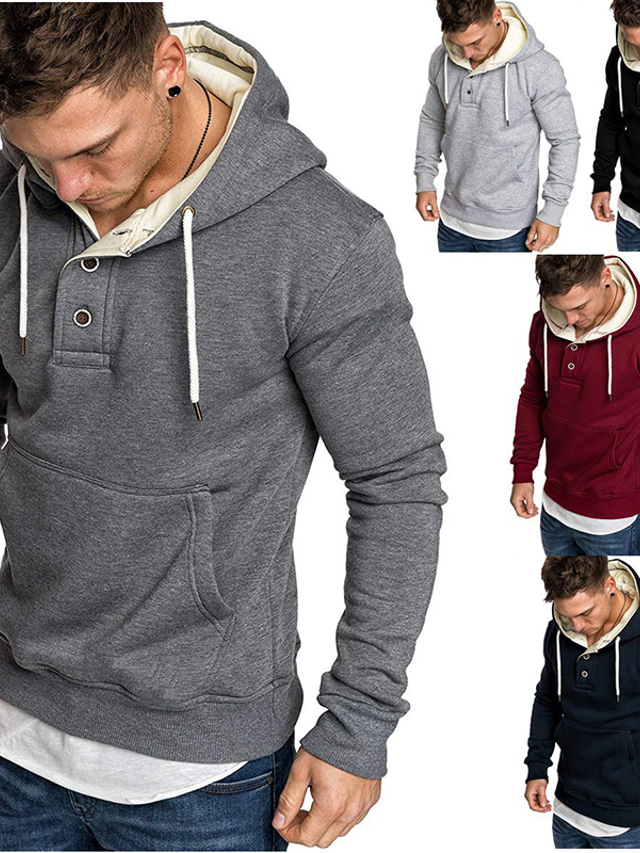  Men's Hoodie Sweatshirt Patchwork Front Pocket Basic Thin fleece Solid Color Dark Gray Red Navy Blue Gray Black Hooded Daily Fitness Long Sleeve Clothing Clothes Regular Fit Cotton