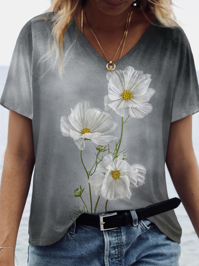  Damen T Shirt Designer Kurzarm Blumen Graphic Design 3D-Druck V Ausschnitt Täglich Bedruckt Kleidung Designer Basic Vintage Grau