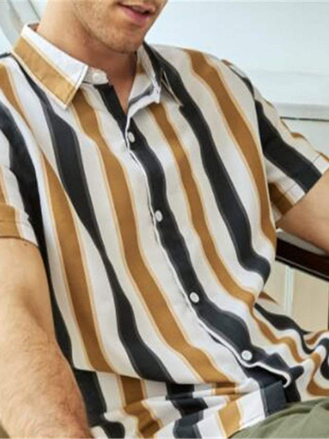  Men's Shirt Striped Turndown Casual Daily Button-Down Short Sleeve Tops Cotton Casual Fashion Breathable Comfortable White