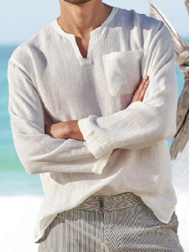  Men's Shirt Simple Solid Color Basic Long Sleeve V-neck Casual Daliy Street Shirts Summer Shirts Beach Comfortable