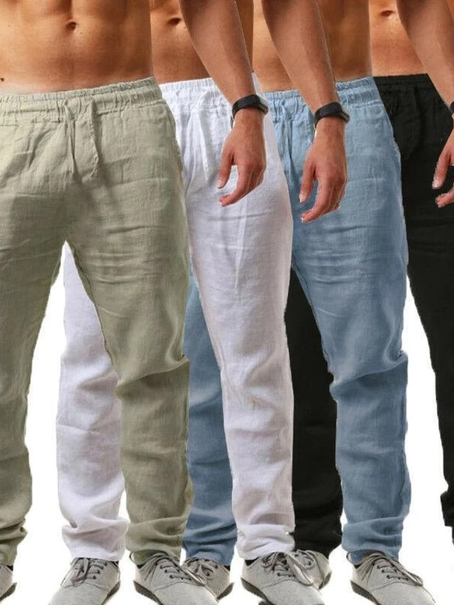  Men's Linen Pants Trousers Summer Pants Beach Pants Drawstring Plain Comfort Breathable Full Length Yoga Casual Weekend Streetwear Slim Black White Micro-elastic