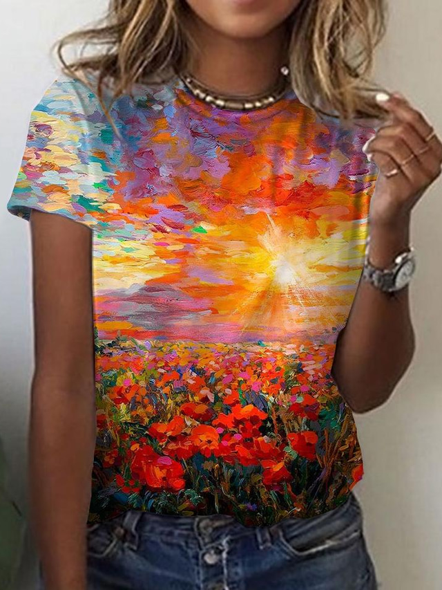  Femme T shirt Tee Design 3D effet Floral Graphic Paysage Design Manches Courtes Col Rond du quotidien Imprimer Vêtements Design basique Rétro Vintage Orange