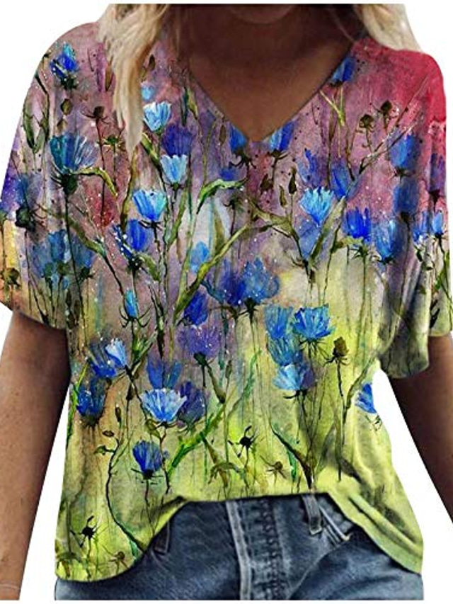  قمصان بوتو النسائية بأكمام قصيرة ، بلوزات غير رسمية للنساء تي شيرت عتيق برسومات الأزهار على شكل حرف v تي شيرت صيفي تي شيرت