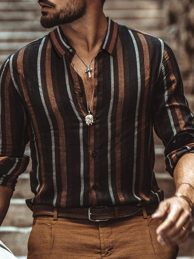  Men's Shirt Button Up Shirt Casual Shirt Red Brown Gray Long Sleeve Striped Turndown Casual Daily Button-Down Clothing Apparel Cotton Fashion Casual Breathable Comfortable