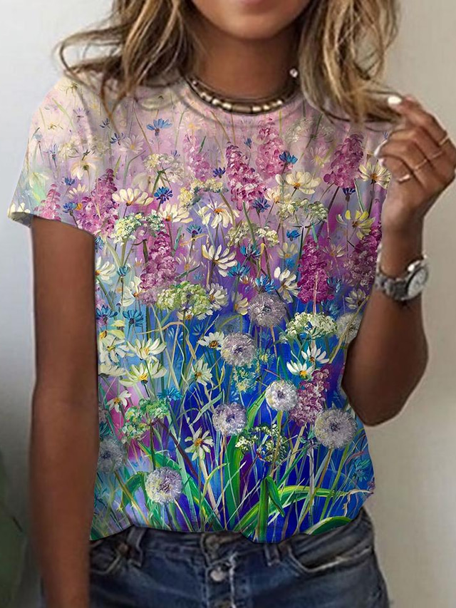  Dame T-shirt Designer 3D-udskrivning Blomstret Grafisk Design Kortærmet Rund hals Daglig Trykt mønster Tøj Tøj Designer Basale Lyserød