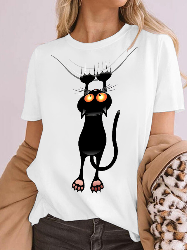  女性用 Tシャツ デザイナー 熱間鍛造 猫 デザイン 動物 半袖 ラウンドネック 日常 プリント 服装 デザイナー ベーシック グリーン ホワイト ブラック