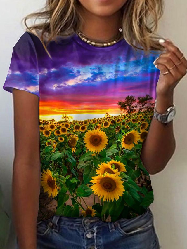  Naisten T-paita Suunnittelija 3D-tulostus Kuvitettu Maisemat 3D Sunflower-valoefekti Design Lyhythihainen Pyöreä kaula-aukko Pyhäpäivä Painettu Vaatteet Vaatteet Suunnittelija Perus Apila