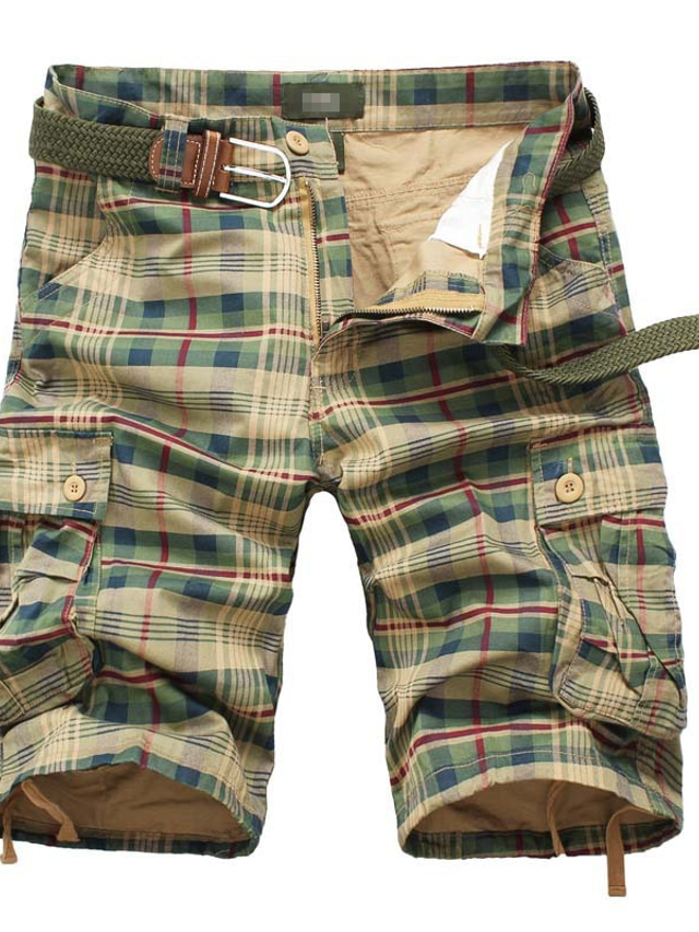  Men's Shorts Cargo Shorts Drawstring Elastic Waist Sporty Casual / Sporty Daily Sports Micro-elastic Breathable Quick Dry Soft Plaid Lattice Mid Waist Other Prints ArmyGreen Yellow 29 30 31