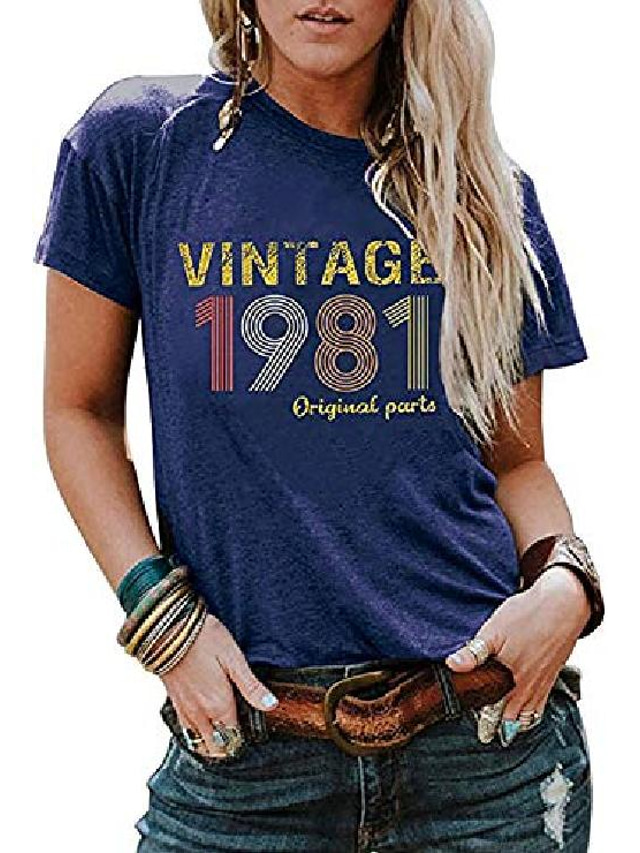  Mulheres Camiseta Detalhes Imprimir Gola Redonda Decote Redondo Vintage Anos 80 Blusas Vermelho # 1 Azul # 1 Cinza # 1