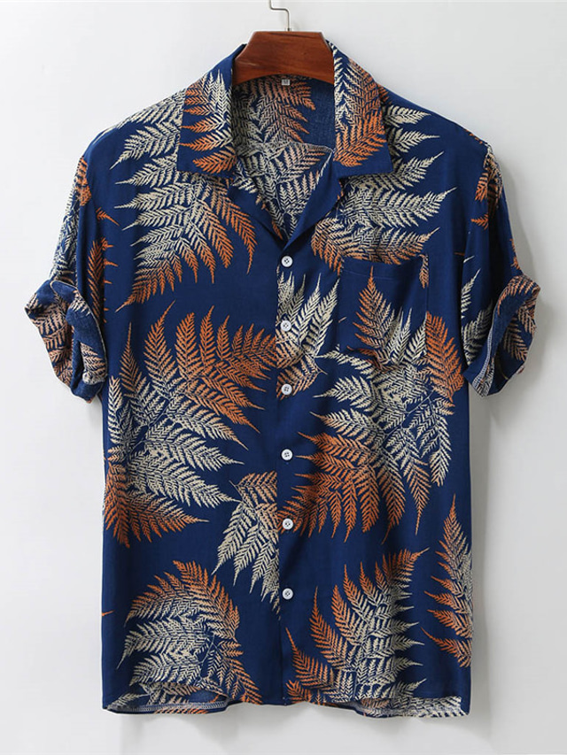  Herr Hawaii skjorta Button Down skjorta Sommarskjorta Strandskjorta Svart Vit Gul Röd Mörkblå Kortärmad Löv Grafiska tryck Lägerkrage Semester Utekväll Ficka Kläder Mode Hawaiisk