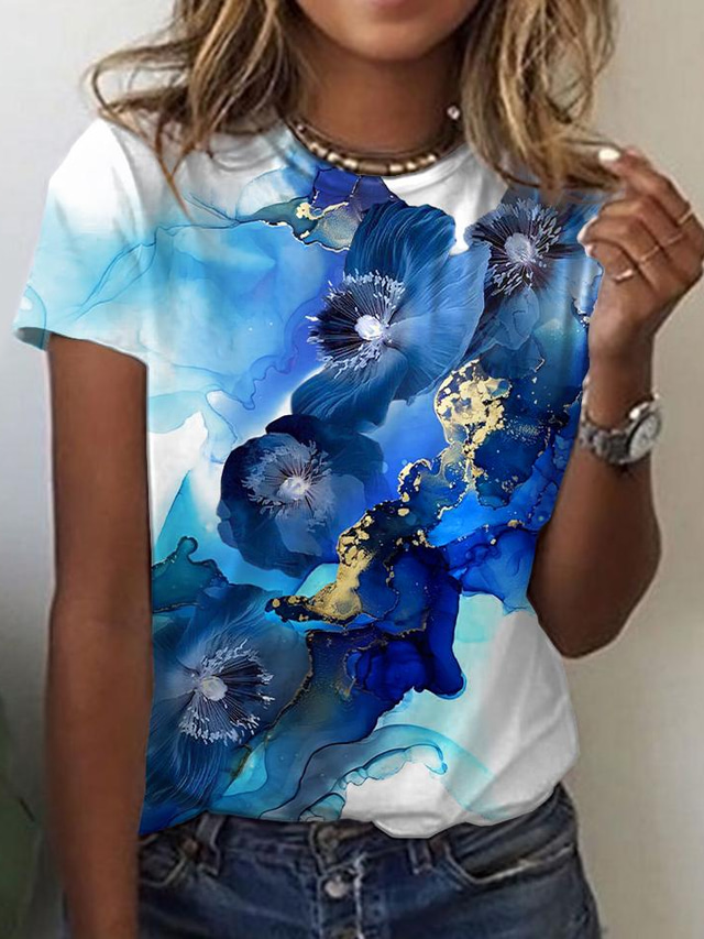  Damen T Shirt Design 3D-Druck Blumen Graphic Design Kurzarm Rundhalsausschnitt Täglich Bedruckt Kleidung Design Basic Grün Blau Rote