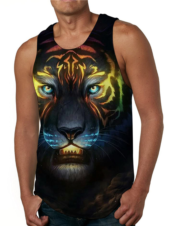  Men's Vest Top Tank Top Shirt Designer Casual Big and Tall Summer Sleeveless Black Graphic Tiger Print Round Neck Daily Holiday Print Clothing Clothes Designer Casual Big and Tall