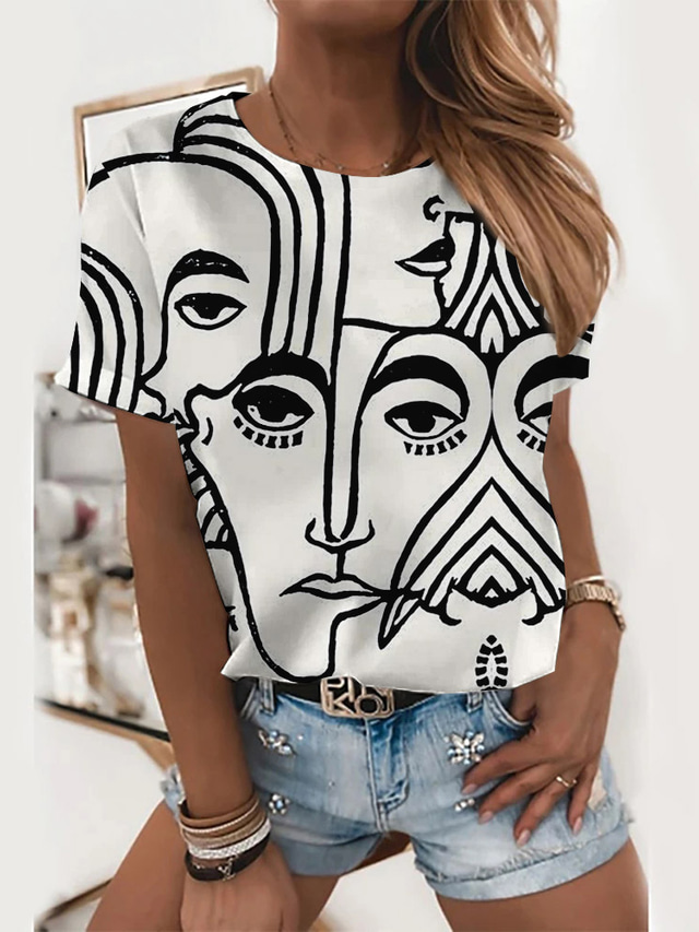  Damen T Shirt Design 3D-Druck Graphic Porträt Design Kurzarm Rundhalsausschnitt Täglich Bedruckt Kleidung Design Basic Weiß Rosa Rosa