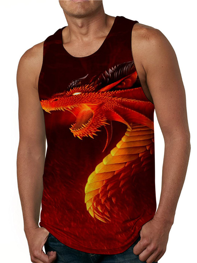  Men's Vest Top Tank Top Designer Casual Big and Tall Summer Sleeveless Red Dragon Graphic Print Round Neck Daily Holiday Print Clothing Clothes Designer Casual Big and Tall