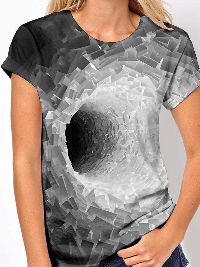  Women's T shirt Tee Designer 3D Print Graphic Optical Illusion Design Short Sleeve Round Neck Daily Print Clothing Clothes Designer Basic Gray