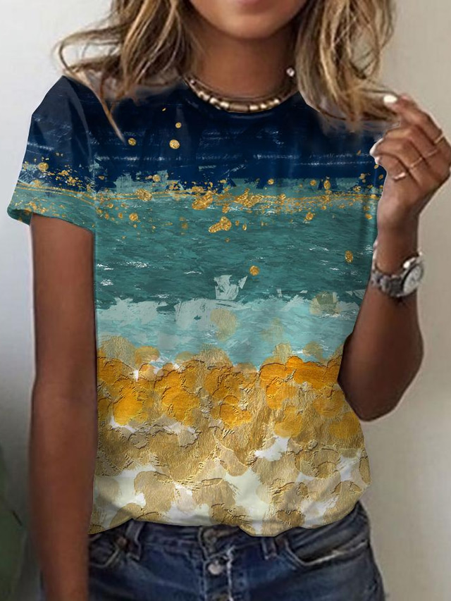  Dame T-shirt Designer 3D-udskrivning Landskab Farveblok Design Kortærmet Rund hals Daglig Trykt mønster Tøj Tøj Designer Basale Blå