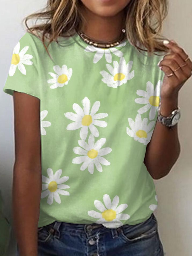  Mulheres Camiseta Designer Impressão 3D Floral Gráfico Margarida Detalhes Manga Curta Decote Redondo Diário Imprimir Roupas Designer Básico Verde