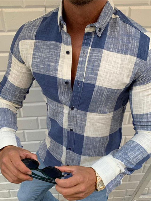  Men's Shirt Plaid Collar Turndown Casual Daily Button-Down Long Sleeve Tops Casual Fashion Breathable Comfortable Blue Black Red