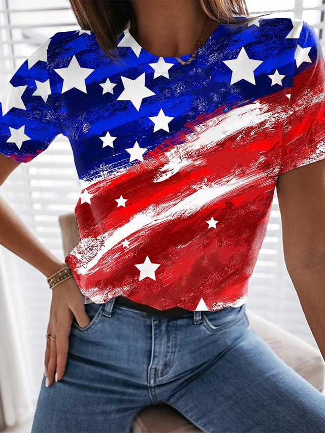  Dame T skjorte Designer 3D-utskrift Grafisk Fargeblokk Amerikansk flagg Design Nasjonalflagg Kortermet Rund hals Trykt mønster Klær Klær Designer Grunnleggende Blå