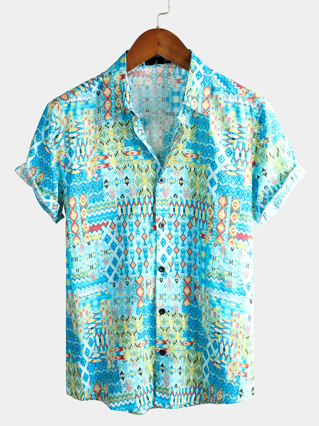  Men's Shirt Summer Hawaiian Shirt Graphic Hawaiian Aloha Tribal Design Classic Collar Yellow Red Light Blue Daily Beach Short Sleeve Clothing Apparel Basic Boho Designer
