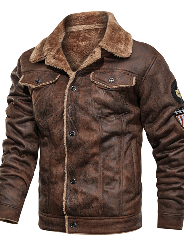  Men's Bomber Jacket Faux Leather Jacket Winter Regular Solid Colored Casual Daily Black Brown Khaki