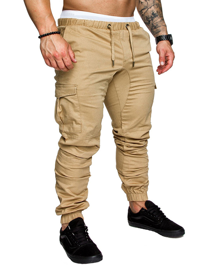 男性用 パンツ 複数のポケット カーゴパンツ カジュアル 伸縮性なし コットン 屋外 スポーツ 純色 ミディアムウエスト アーミーグリーン ブラック ホワイト S M L