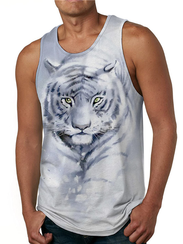  Men's Vest Top Tank Top Shirt Designer Casual Big and Tall Summer Sleeveless Gray Graphic Tiger Print Round Neck Daily Holiday Print Clothing Clothes Designer Casual Big and Tall