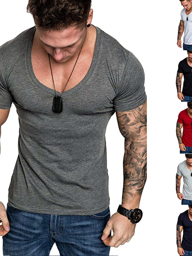  Herre T-shirt Skjorte Ensfarvet Plusstørrelser V-hals Daglig Sport Kortærmet Tynd Toppe Muskel Mørkegrå Hvid Sort / Arbejde