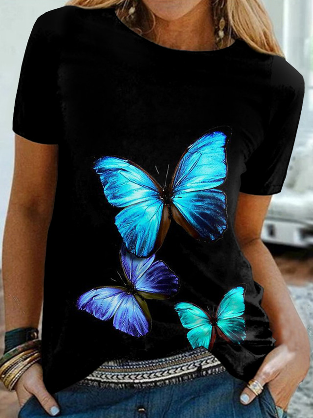  Damen T Shirt Design 3D-Druck Graphic Schmetterling Design Kurzarm Rundhalsausschnitt Täglich Bedruckt Kleidung Design Basic Schwarz