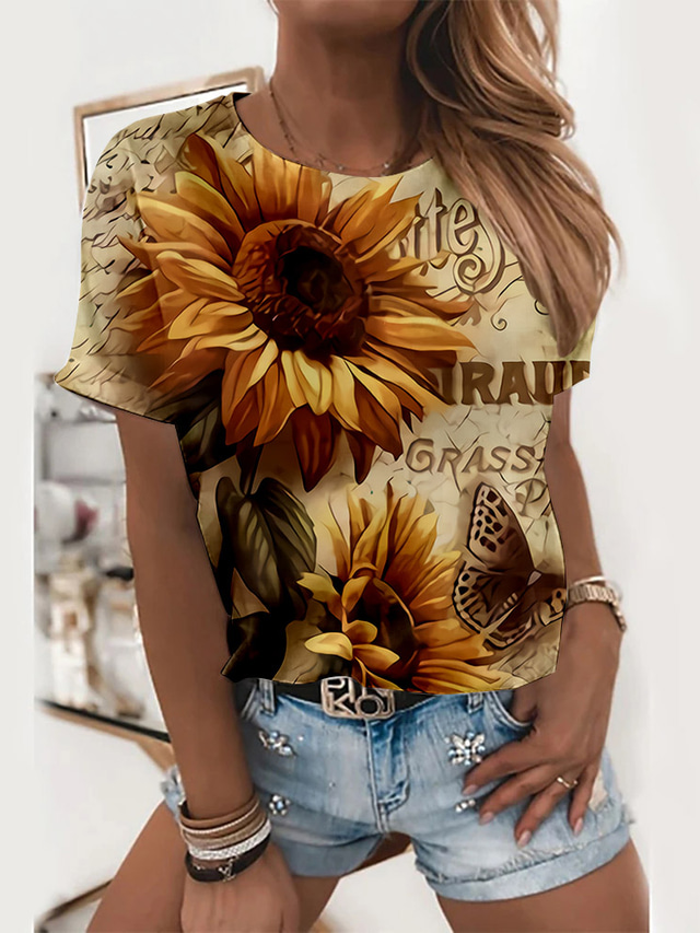  Naisten T-paita Suunnittelija 3D-tulostus Kukka Kuvitettu 3D Sunflower-valoefekti Design Lyhythihainen Pyöreä kaula-aukko Päivittäin Painettu Vaatteet Vaatteet Suunnittelija Perus Apila Keltainen