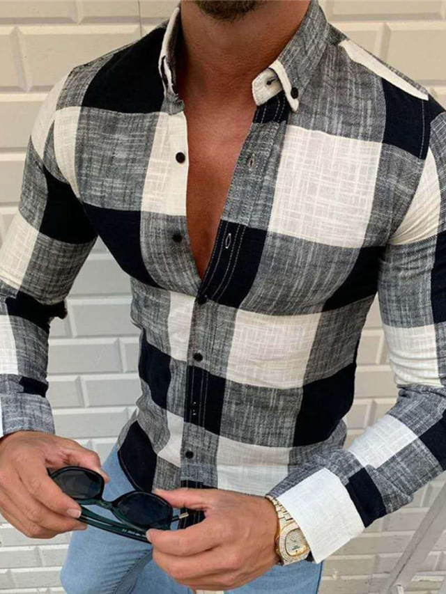  Men's Shirt Checkered Turndown Casual Daily Button-Down Long Sleeve Tops Cotton Casual Fashion Breathable Comfortable Black Red Navy Blue