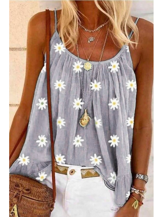  Women's Camisole Blouse Designer Summer Sleeveless Graphic Daisy U Neck Daily Going out Print Clothing Clothes Designer Boho Black Gray Pink