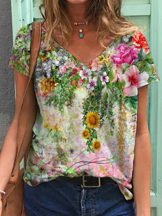  Dame T-shirt Designer Kortærmet Blomstret Planter Design 3D-udskrivning V-hals Daglig Tøj Tøj Designer Basale Regnbue