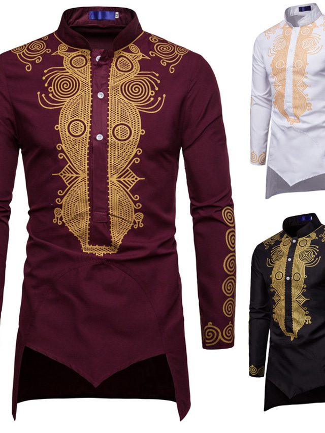  Men's Shirt Other Prints Tribal Plus Size Standing Collar Daily Going out Print Long Sleeve Tops Ethnic Style Basic White Black Wine Party Wedding