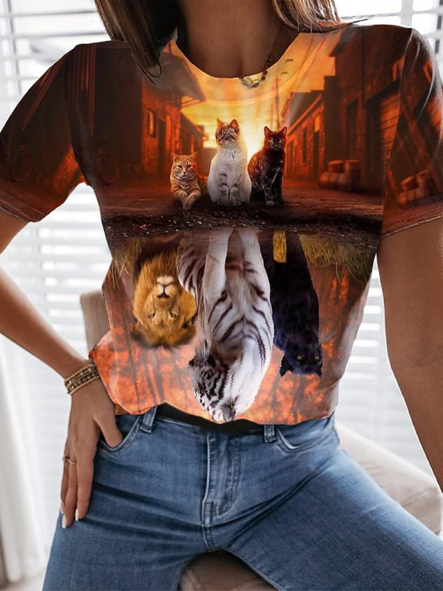  Dam T-shirt Designer 3D-tryck Katt Landskap 3D Design Kortärmad Rund hals Helgdag Mönster Kläder Kläder Designer Grundläggande Brun